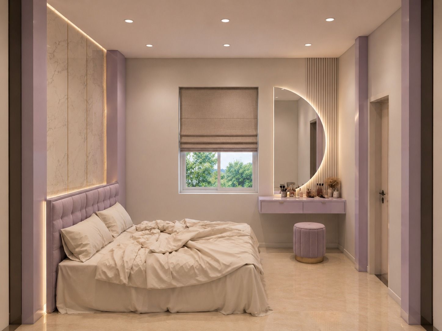 Lavender bedroom with arched mirror
