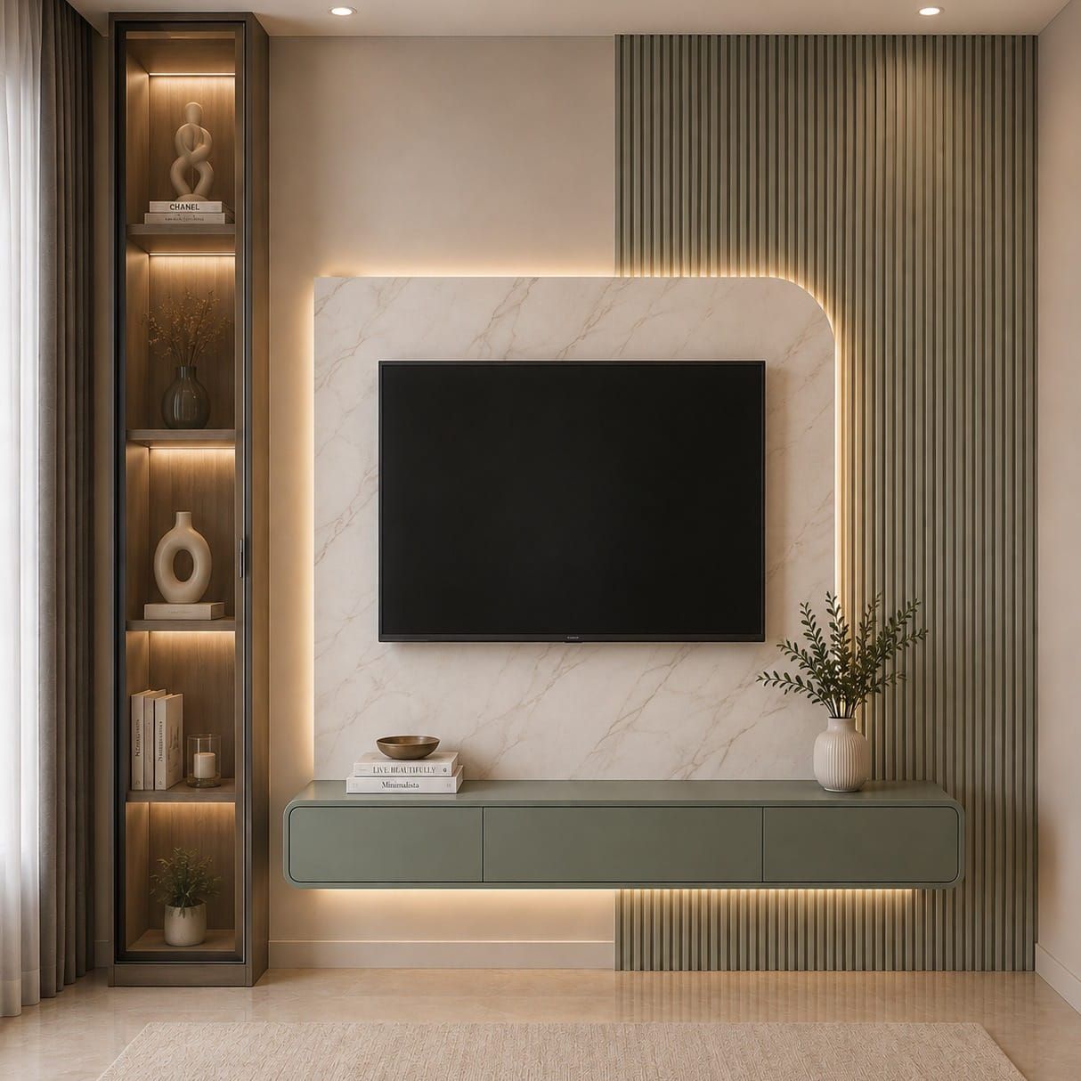 Fluted TV wall with display shelf